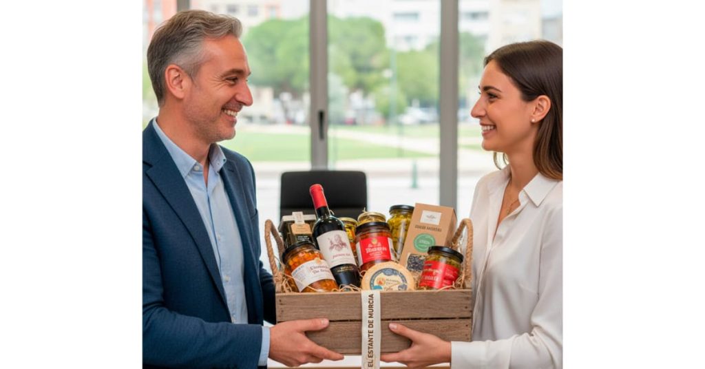 Hombre y mujer intercambiando una cesta regalo para empresas con productos gourmet murcianos en un entorno corporativo.
